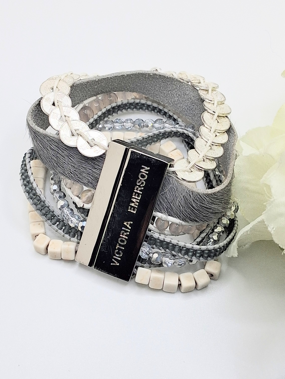Victoria Emerson Beige and Gray Multi-Strand  Magnectic Boho Wrap Bracelet